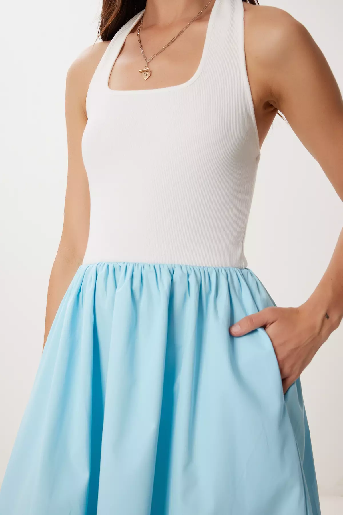 Women's Ecru Blue Stretchy Knitted Top Poplin Skirt Dress Fn03462