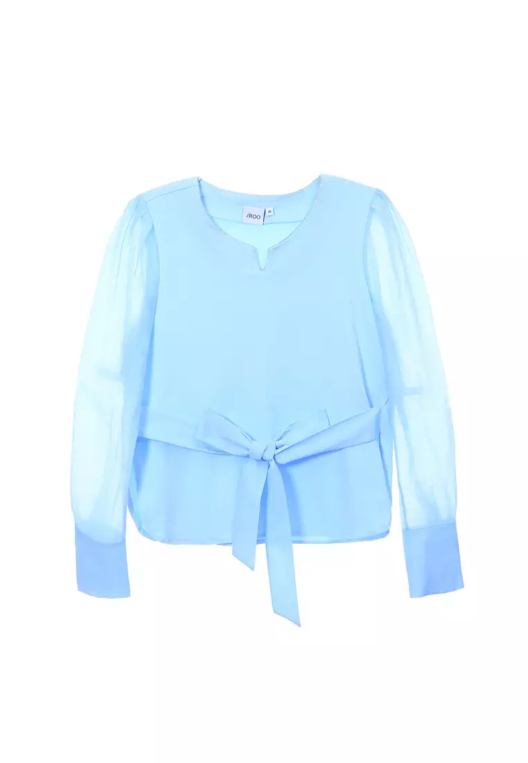 Long Sleeve Top With Front Ribbon Waist Tie