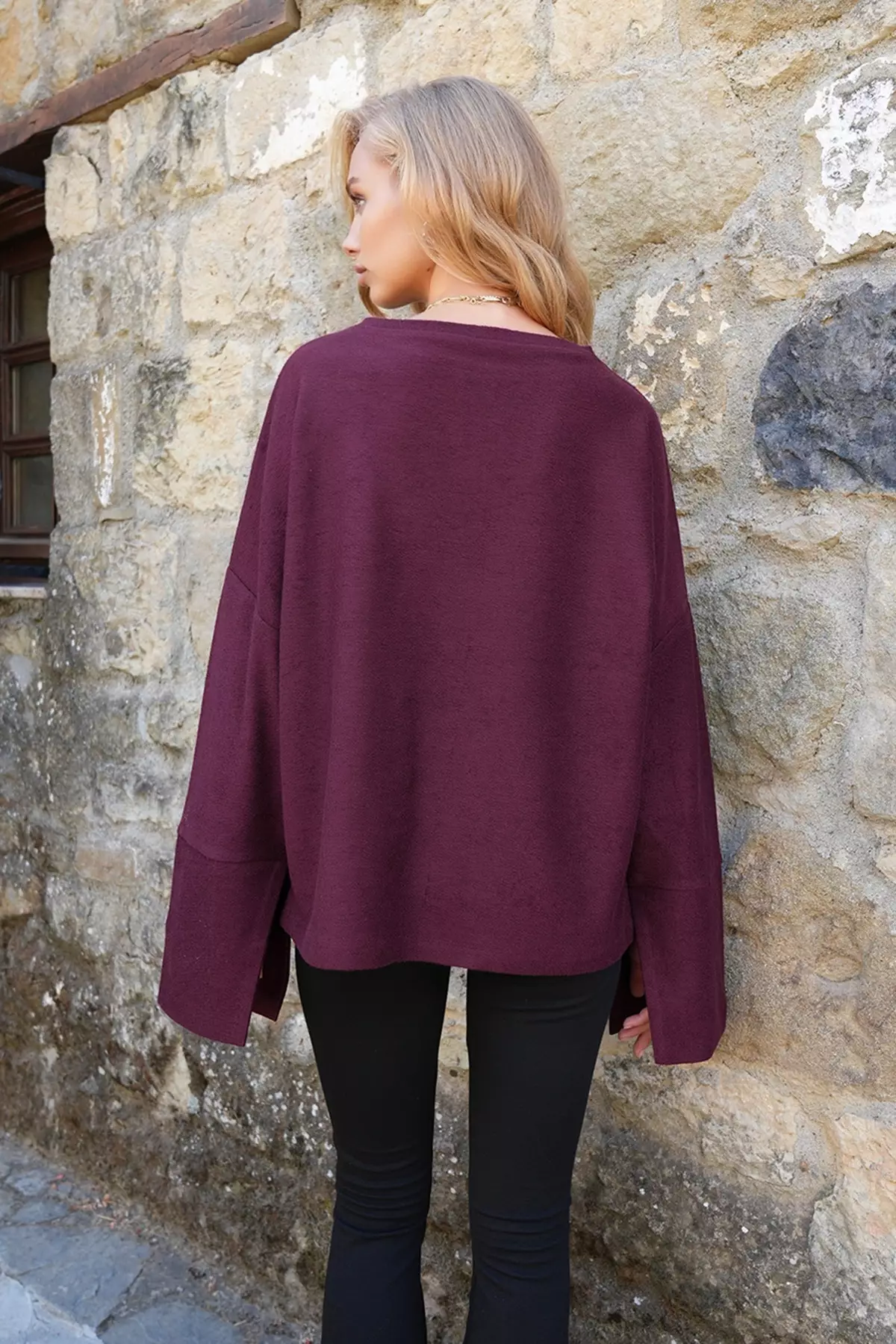 Women's Burgundy Stand Collar Batwing Sleeve Cuff Slit Wide Cut Blouse Alc-X14434