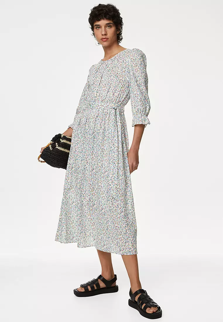 Jual Marks & Spencer Pure Cotton Floral Midi Waisted Dress Original ...