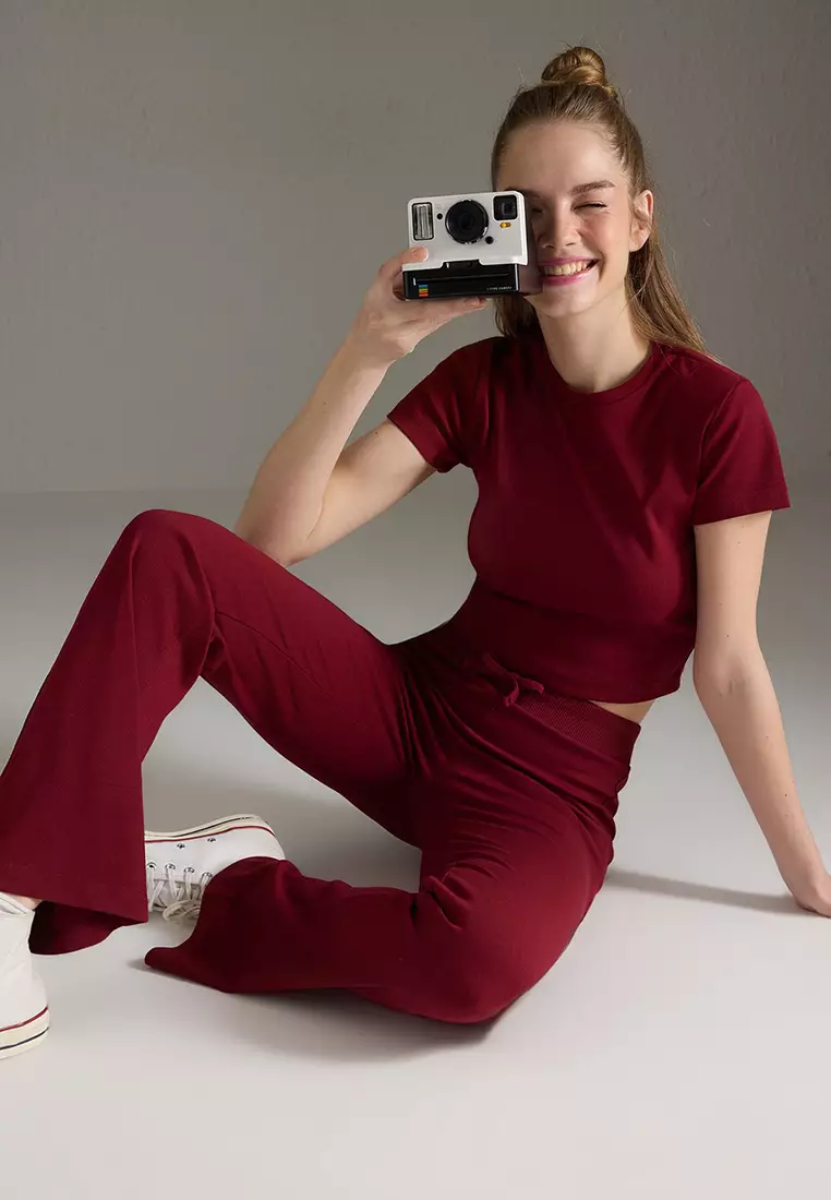 Claret Red Fitted/Flexible Knitted Knitted Bottom-Top Set Twoss25Au00053