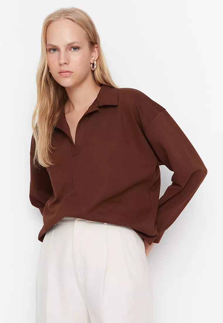 Polo Collar Knit Sweatshirt