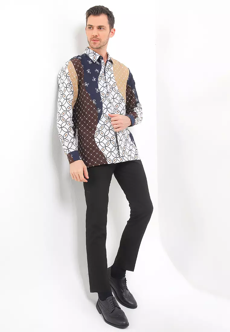 Kemeja Pria Lengan Panjang Batik Furing Linen Zahir White Navy Maroon Raya Eksklusive Dobby