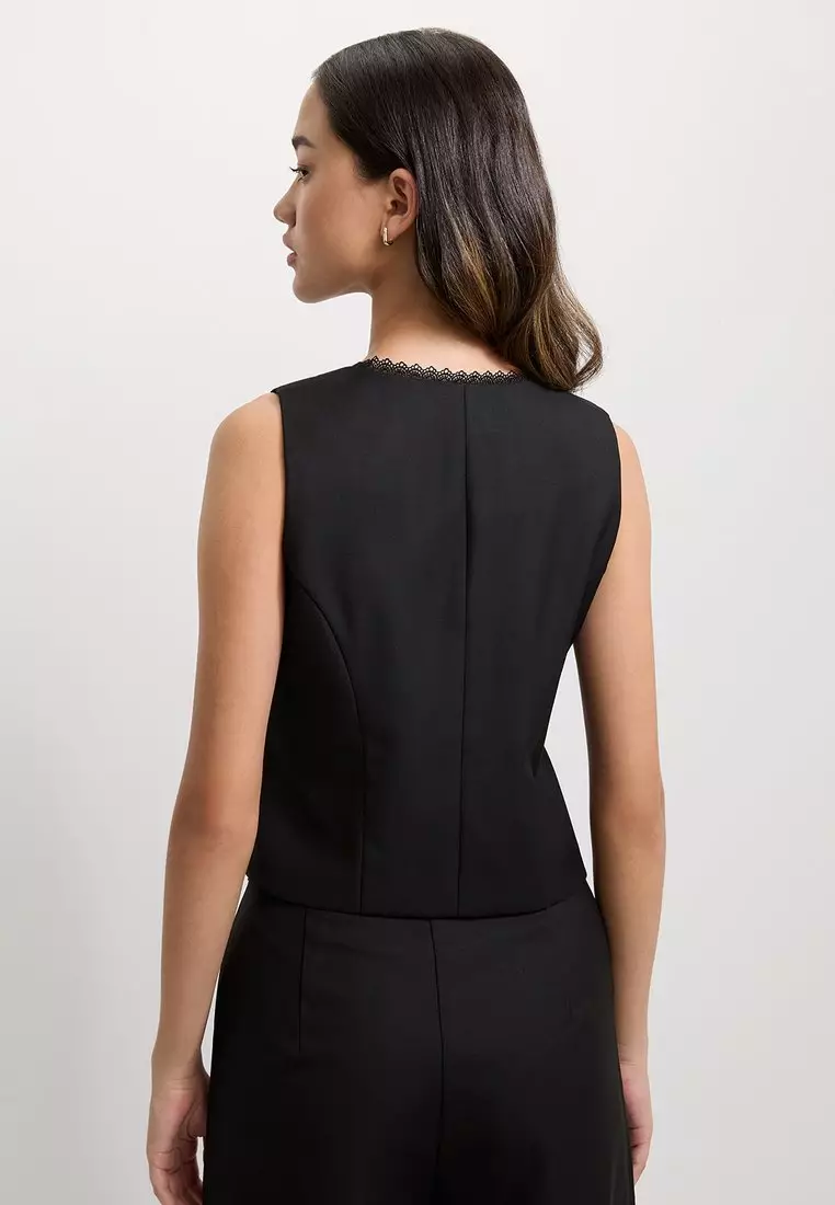 Lace Trim Buttoned Vest - Black