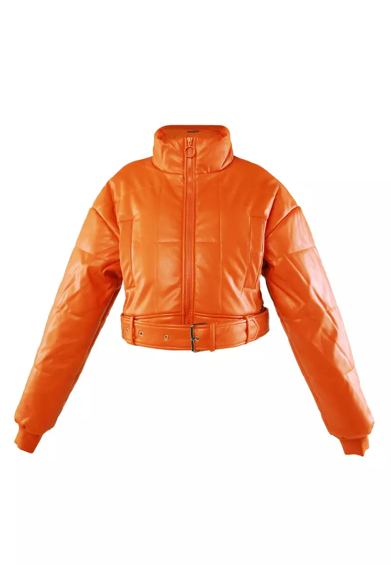 Orange Cropped Belted Puffer Jacket