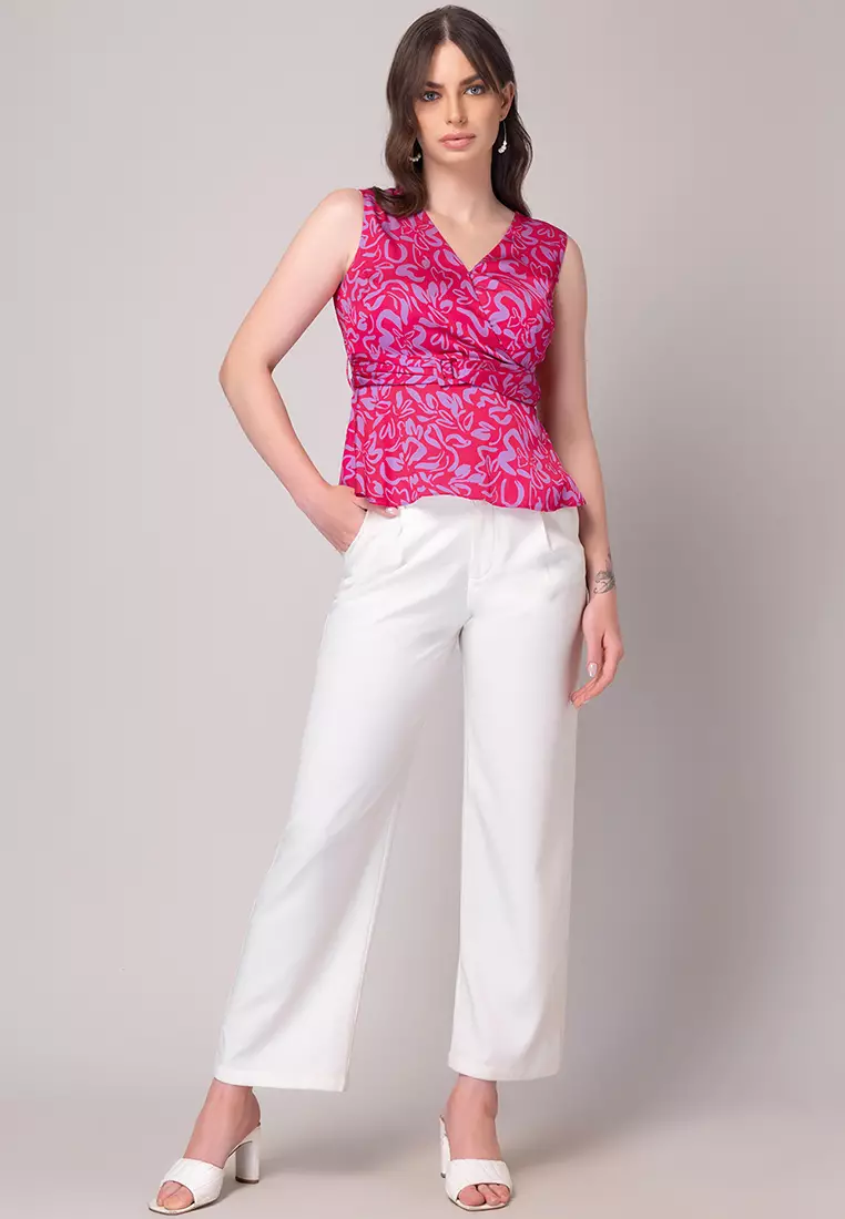 Pink Abstract Print Wrap Peplum Top