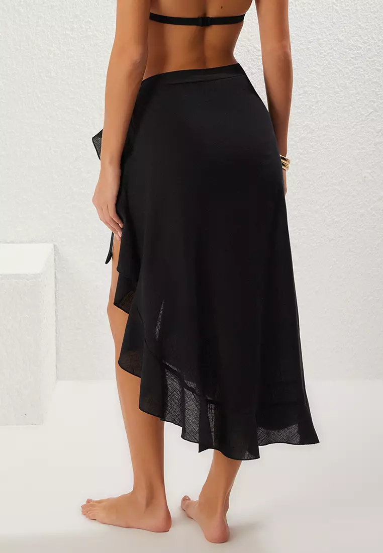 Black Frilled Woven Linen Look Beach Pareo