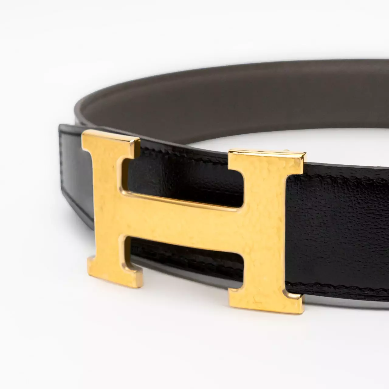 H Martelee Gold Buckle & Reversible Belt 32mm Togo Noir/Etain