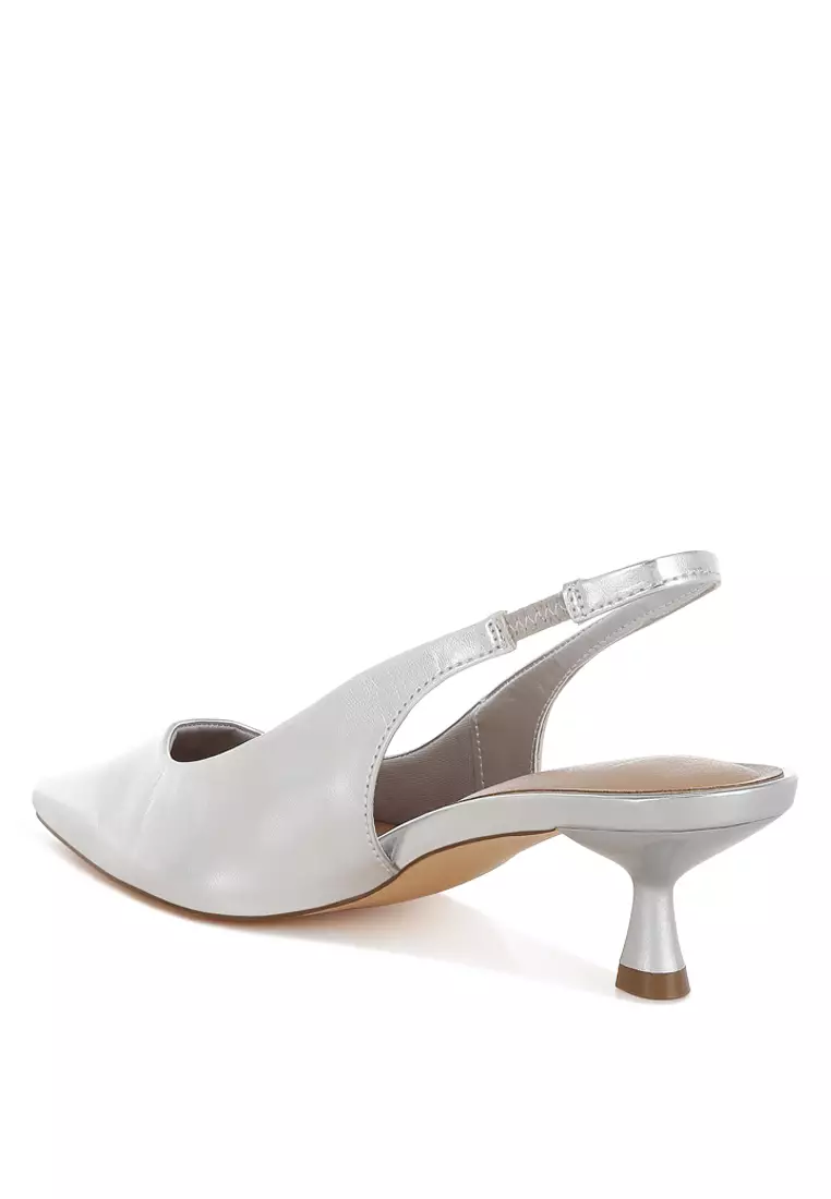 Kitten Heel Metallic Slingback Sandals in Silver