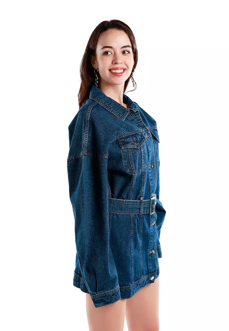 Mid Blue Long Belted Denim Jacket