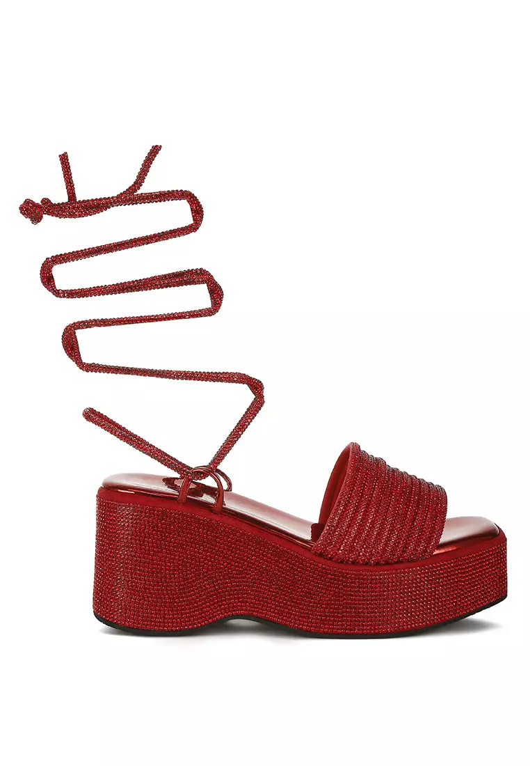 Discount on London Rag  shoes - SKU: Red Rhinestone Embellished Lace-Up Sandals