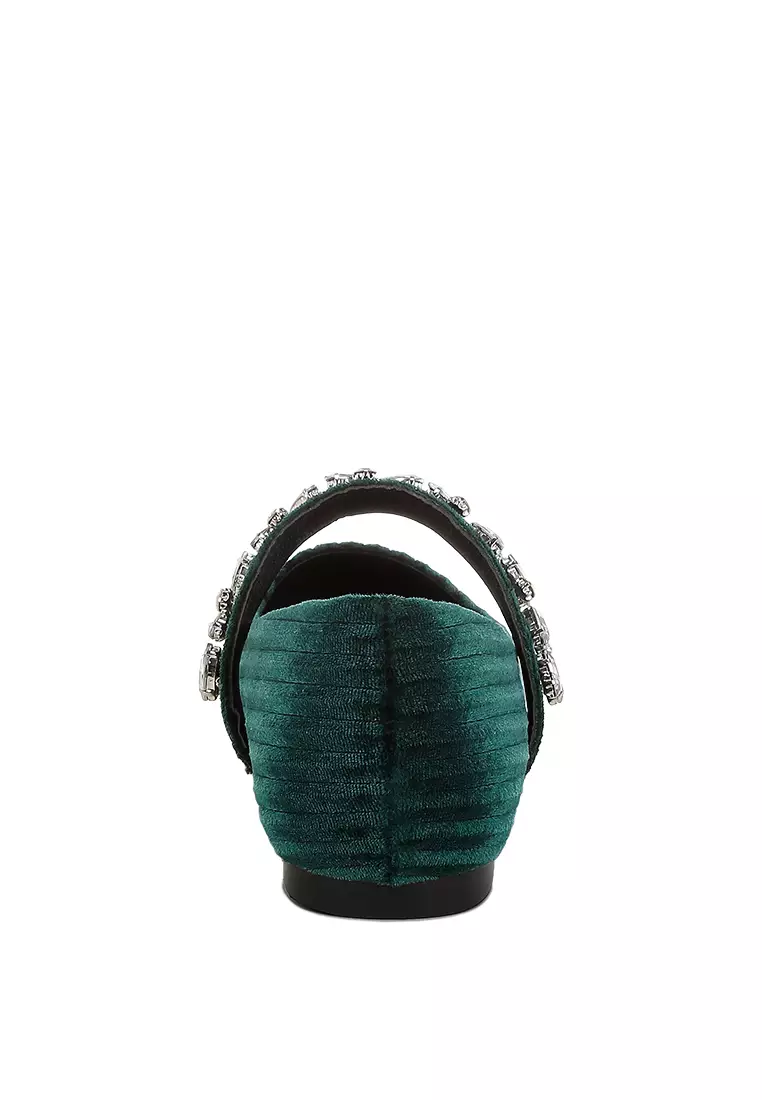 Diamante Brooch Velvet Ballerinas in Green