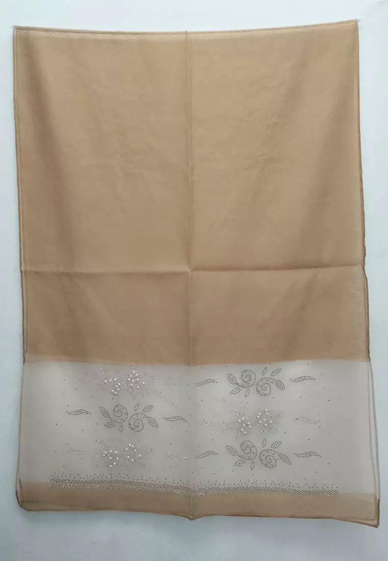 Aksesoris Syal Pesta Wanita Pearly Studs Embellish Floral Silk Shawl Syal Sutra Wanita Evening Shawl Gold& Silver