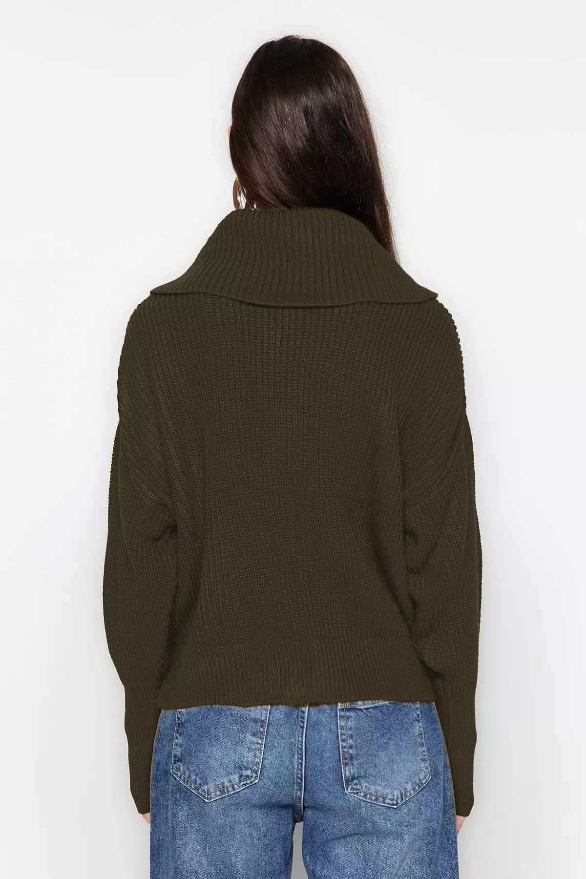 Turn Down Collar Zippered Khaki Knitwear Cardigan Wide Fit