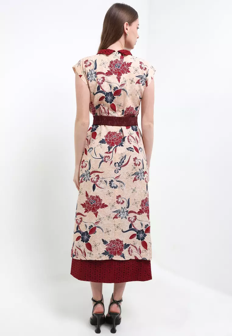 Dress Atasan Wanita Spesial Puspha Collection Naira Kombinasi Katun Dobby Bordir Tanpa Lengan Maroon