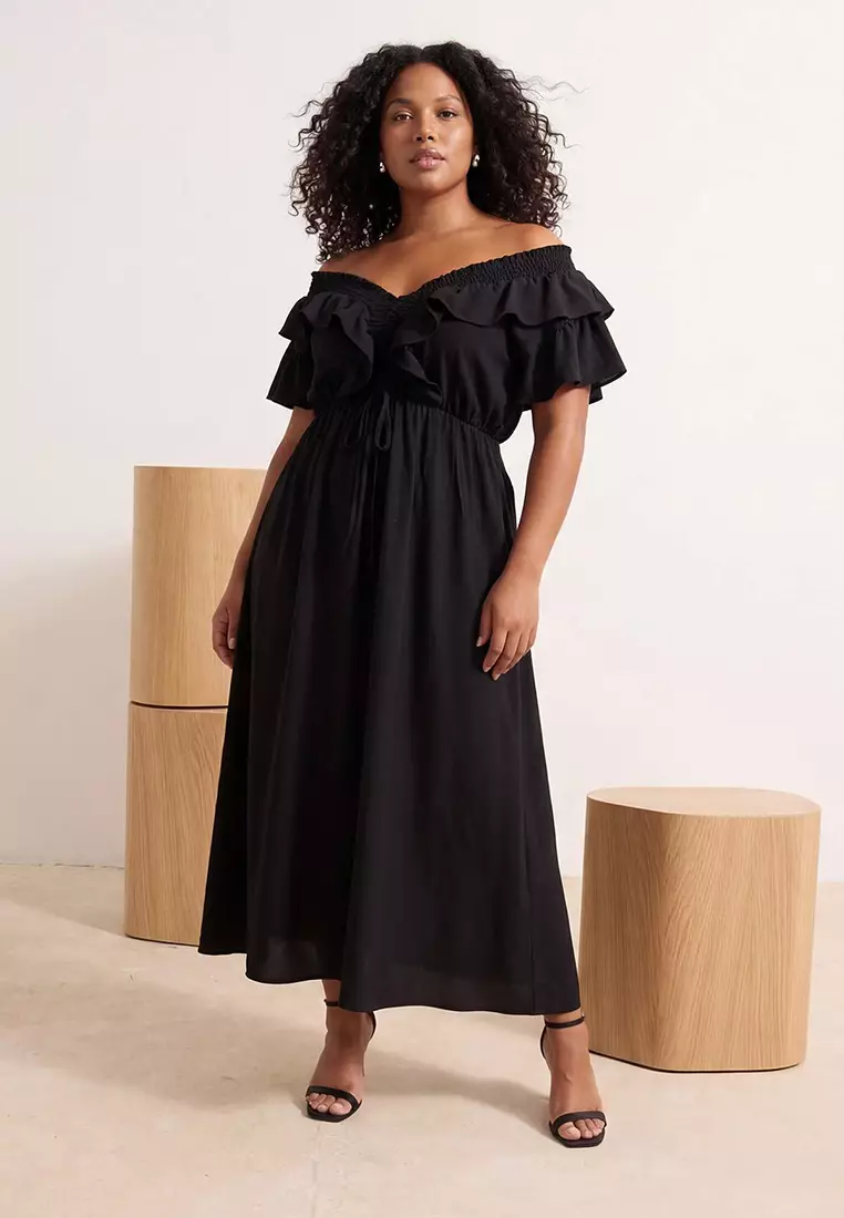 Black Plain A-Line Ruffled Midi Summer Woven Plus Size Dress Tbbss26Ah00034