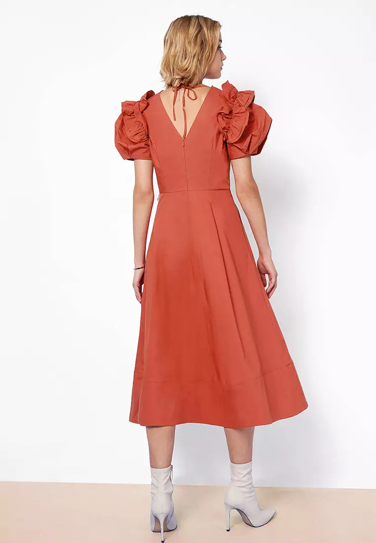 V Neck Ruffled Puff Sleeves Dress