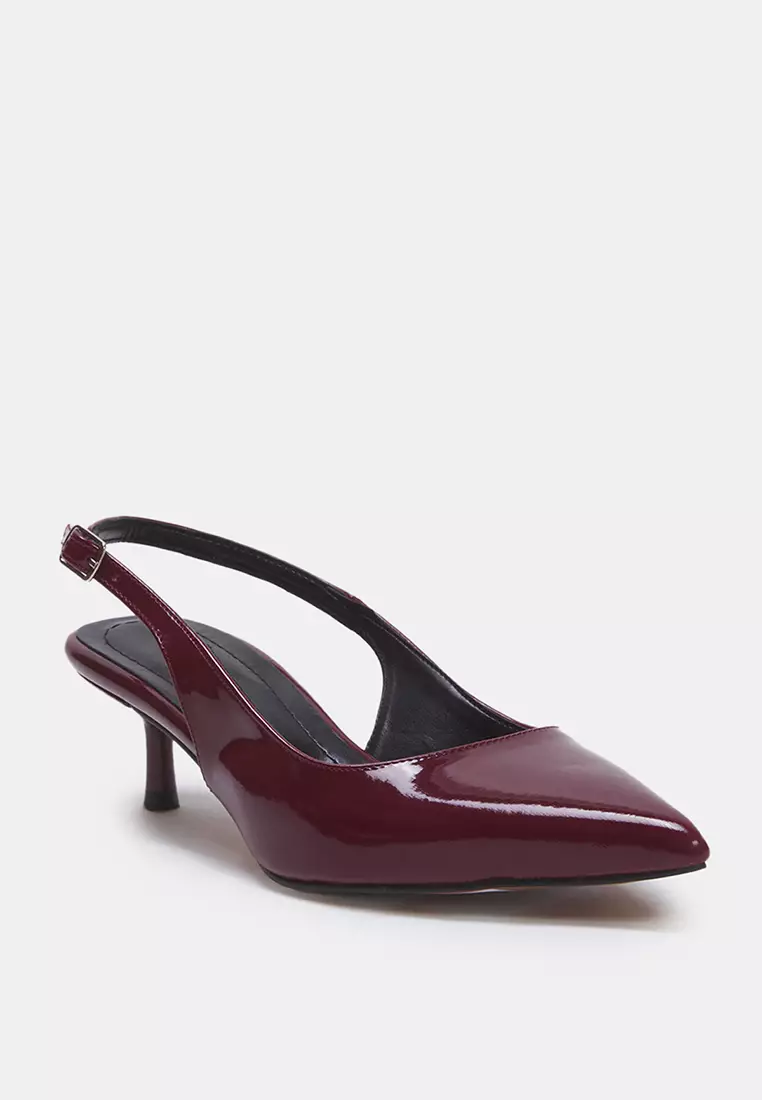 Burgundy Patent Leather Pointed Toe Kitten Heels Women's Classic Heeled Shoes Takss25To00005