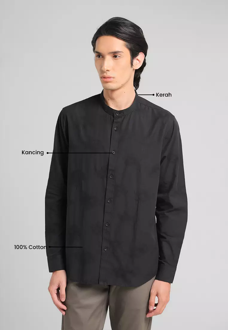 MANZONE - Kemeja Koko Shanghai Lengan Panjang Pria Umaira Modern Fit - Black Warna Black