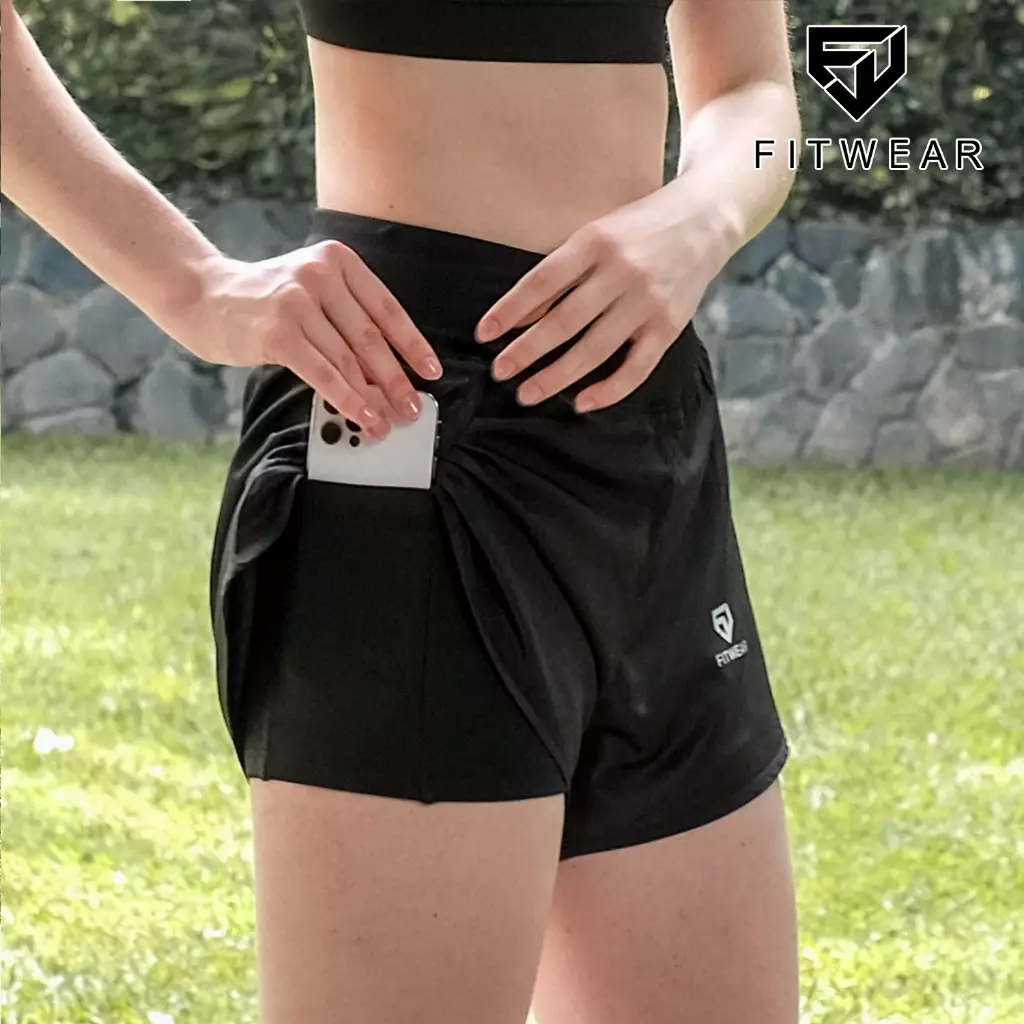 Fitwear Celana Pendek + Inner Olahraga Big Size Wanita VERONNICA V-WAIST POCKET - BLACK