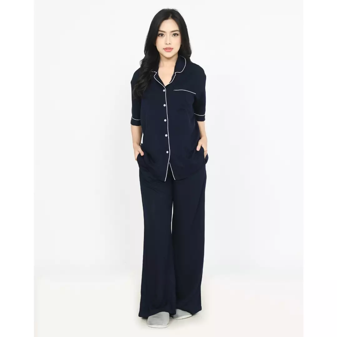 Cotton Oversized Rae BIRU NAVY Set Piyama Celana Panjang Polos FREE SLIP ON