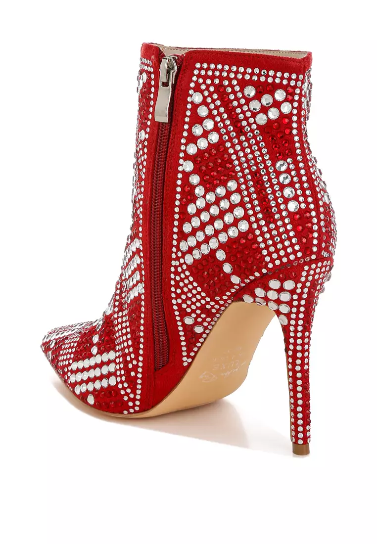 Rhinestones Studded Stiletto Heel Boots in Red