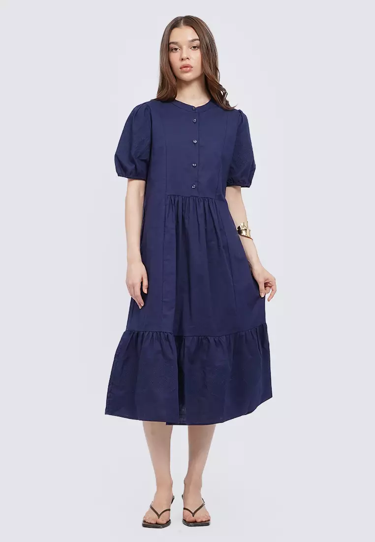Puff Sleeves Midi Dress DARK BLUE