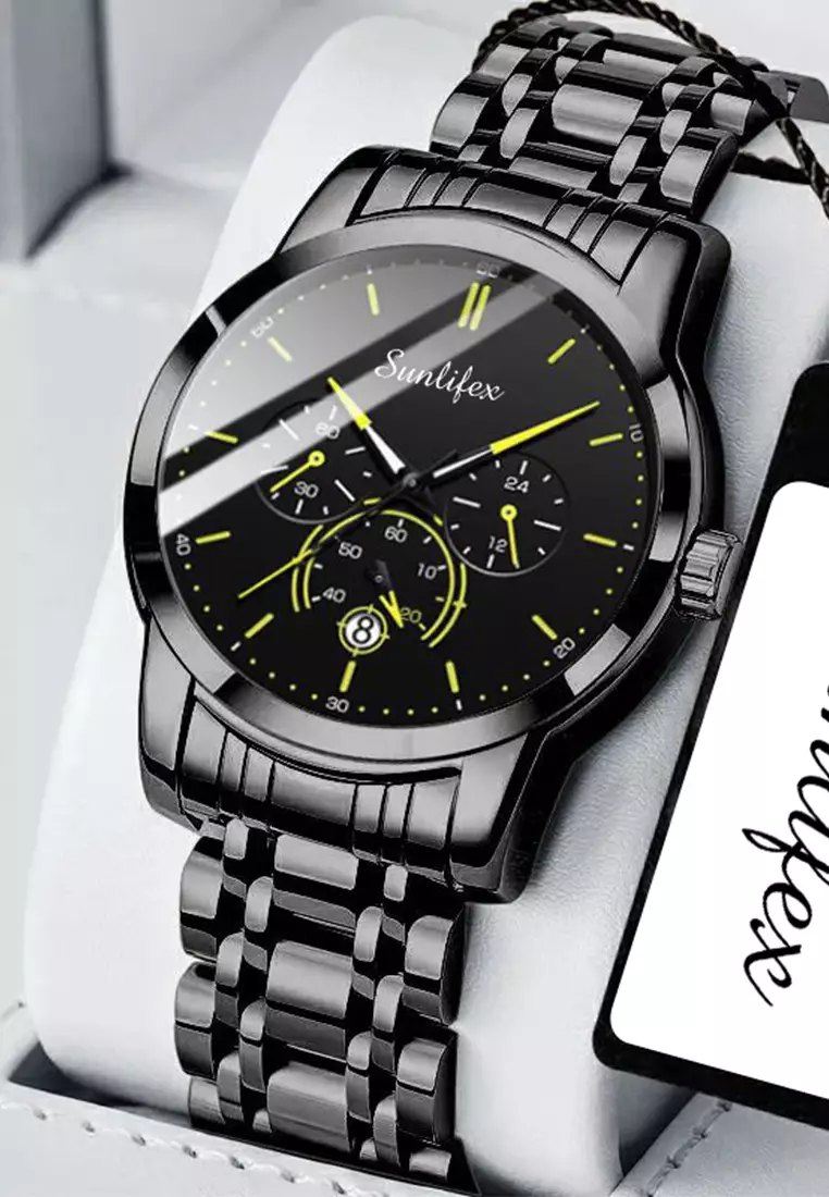 Jam Tangan Pria Original Bisnis Anti Air Kuarsa Jam Pria Calendar Tali Stainless Steel Jam Tangan Cowok 9007 black yellow