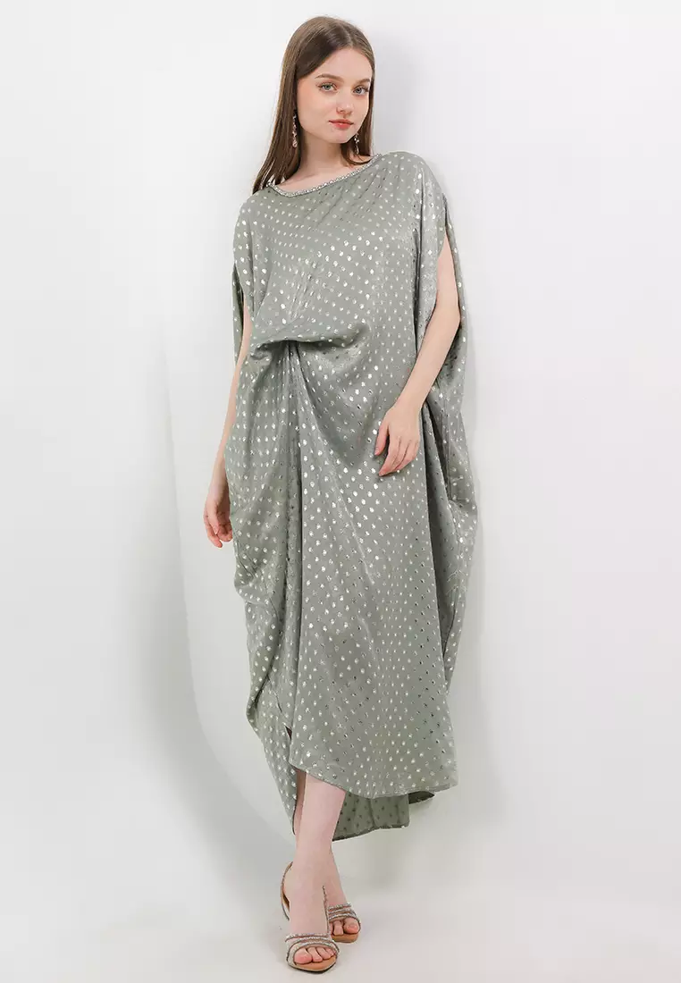 Silver Print Ruched Kaftan W/ Plastic Diamond Around Neckline