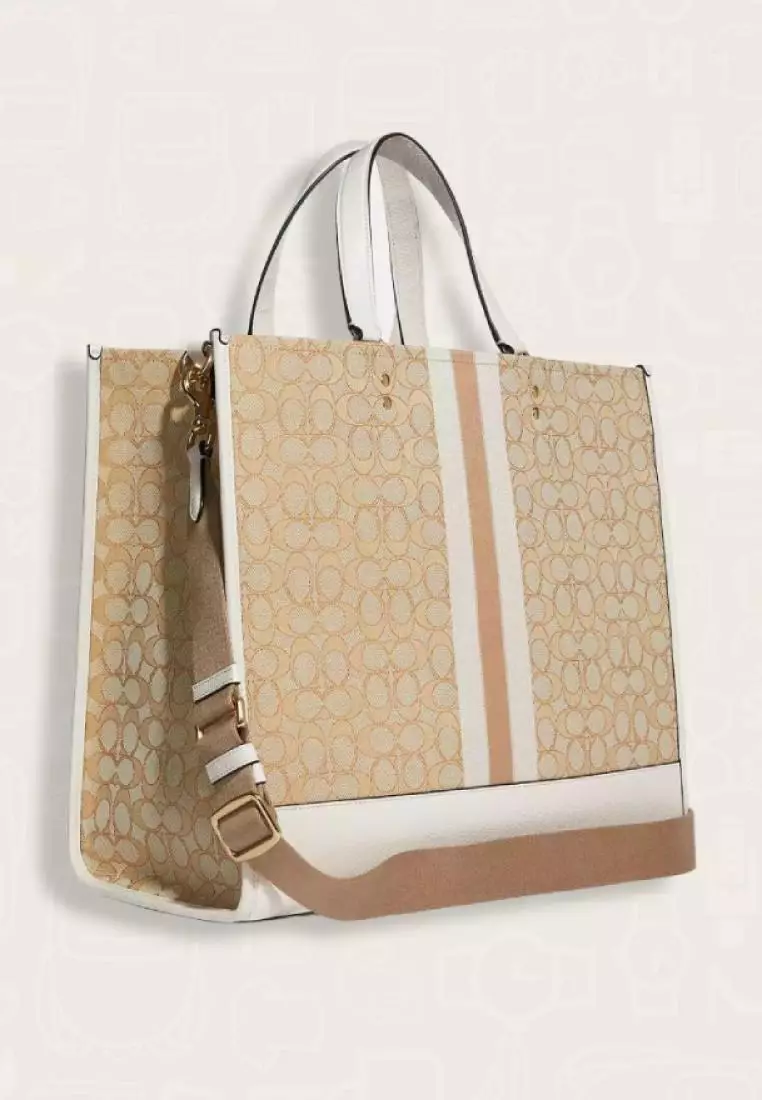 Coach Dempsey Tote 40 In Signature Jacquard With Stripe And Coach Patch Light Khaki Chalk