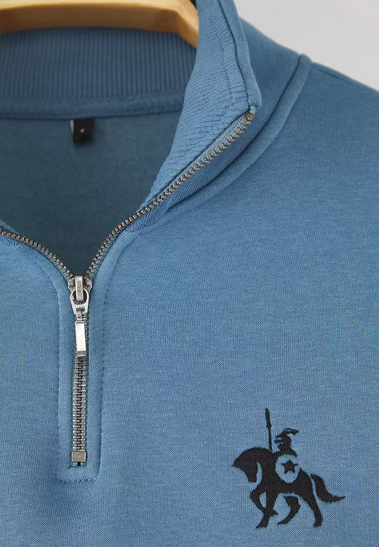 Blue Regular/Normal Cut Stand Collar Zippered Cotton Horse Embroidery Inside Fleece Sweatshirt Tmnaw24Sw00041