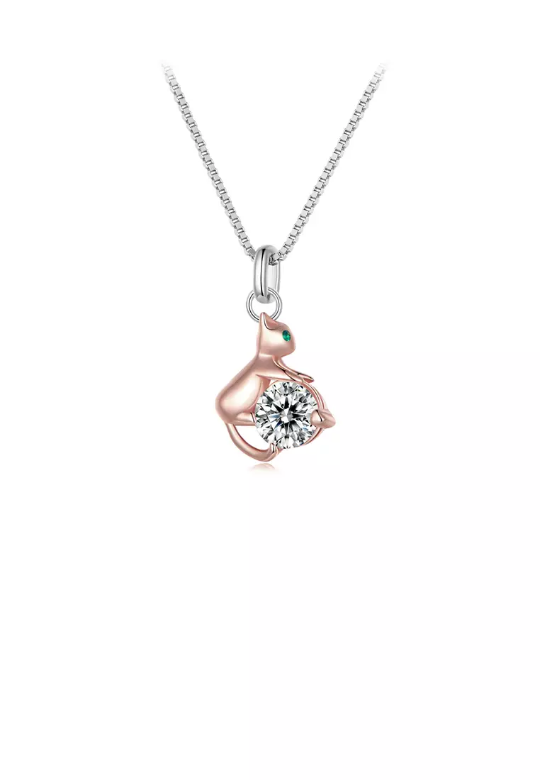 925 Sterling Silver Fashion Cute Rose Gold Cat Pendant with Cubic Zirconia and Necklace