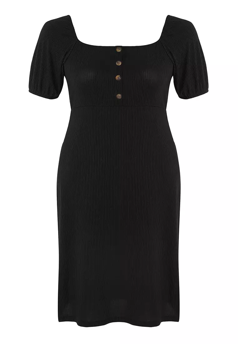 Black Button Detail A-Line Balloon Sleeve Knitting Plus Size Dress Tbbss25Ah00172