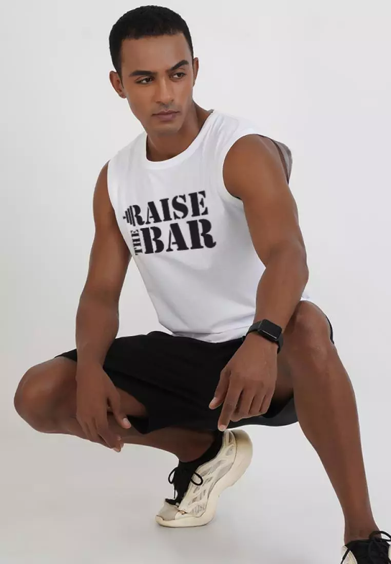 Raise The Bar 白色棉质无袖健身/训练背心