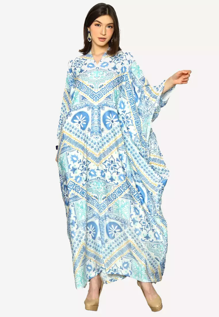 Kanzi Long Sleeve Geometric Kaftan Blue