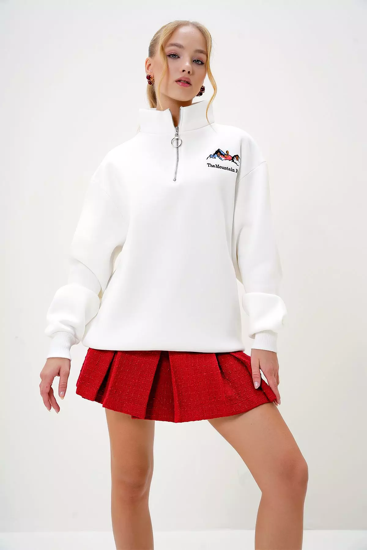 Women's Ecru Half Turtleneck Zippered Front Embroidered Inside Out Sweatshirt