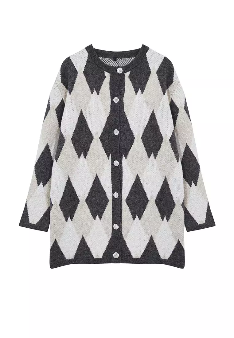 Gray Diamond Patterned Knitwear Cardigan Tctaw25Th00022