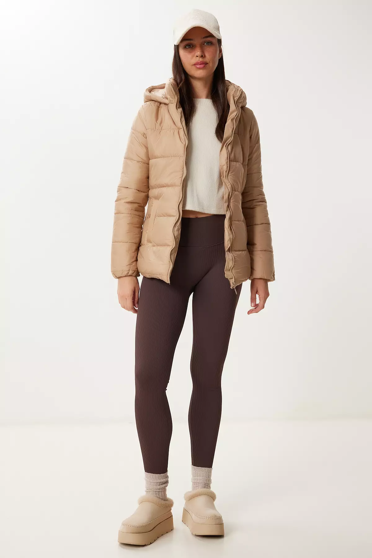 Women's Beige Hooded Down Jacket Qa00004
