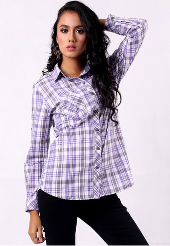 NORINE Purple plaids print shirt with classic colar and Pockets