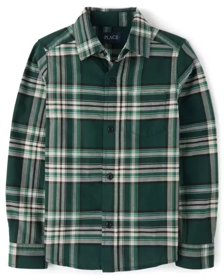 Boys Matching Family Plaid Oxford Button Up Shirt -Kemeja Anak Laki-Laki (Hijau)
