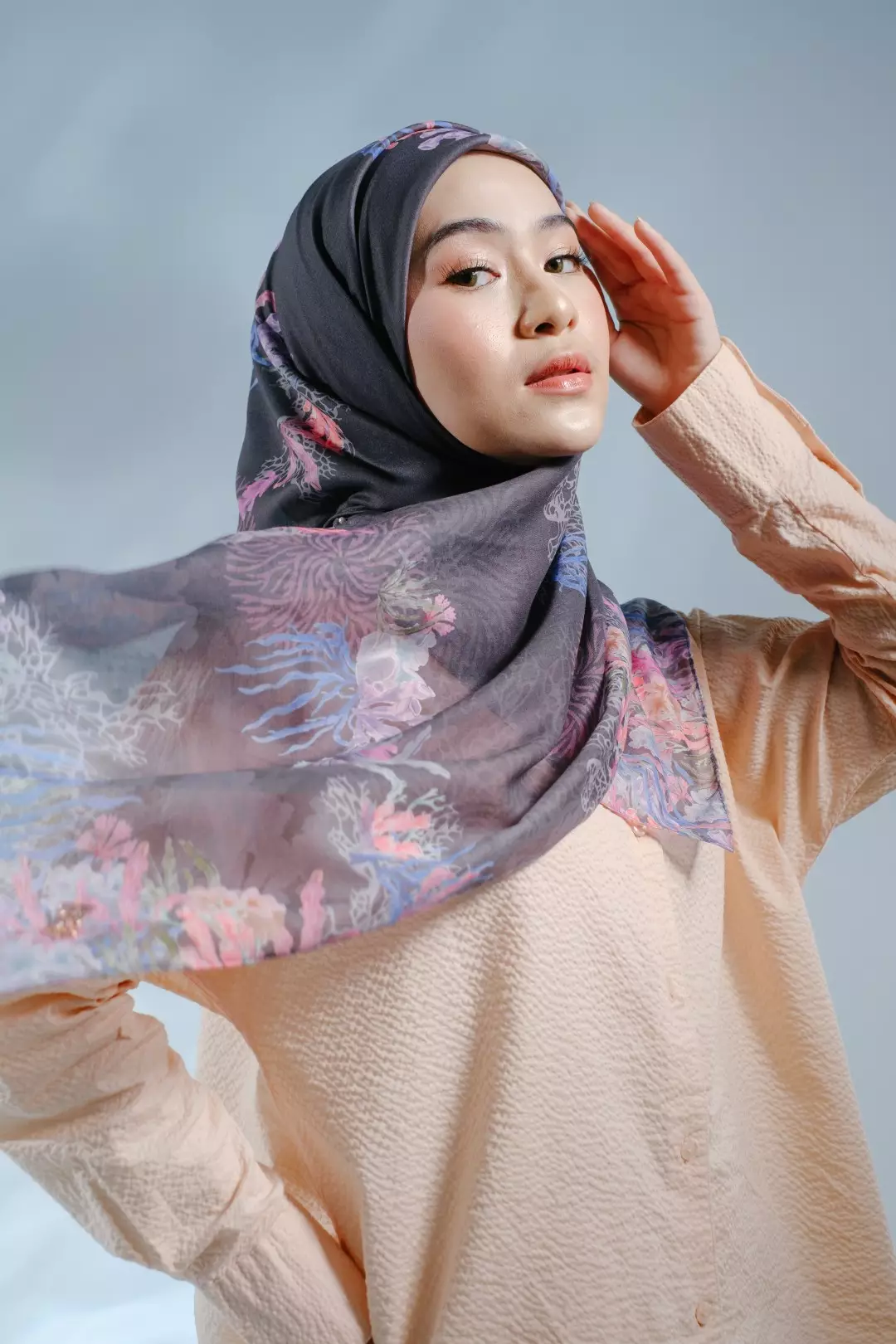 PELAGIA Scarf Black - Kerudung Hijab Segiempat Motif With BOX - Bahan Nesla - Ukuran 115x115