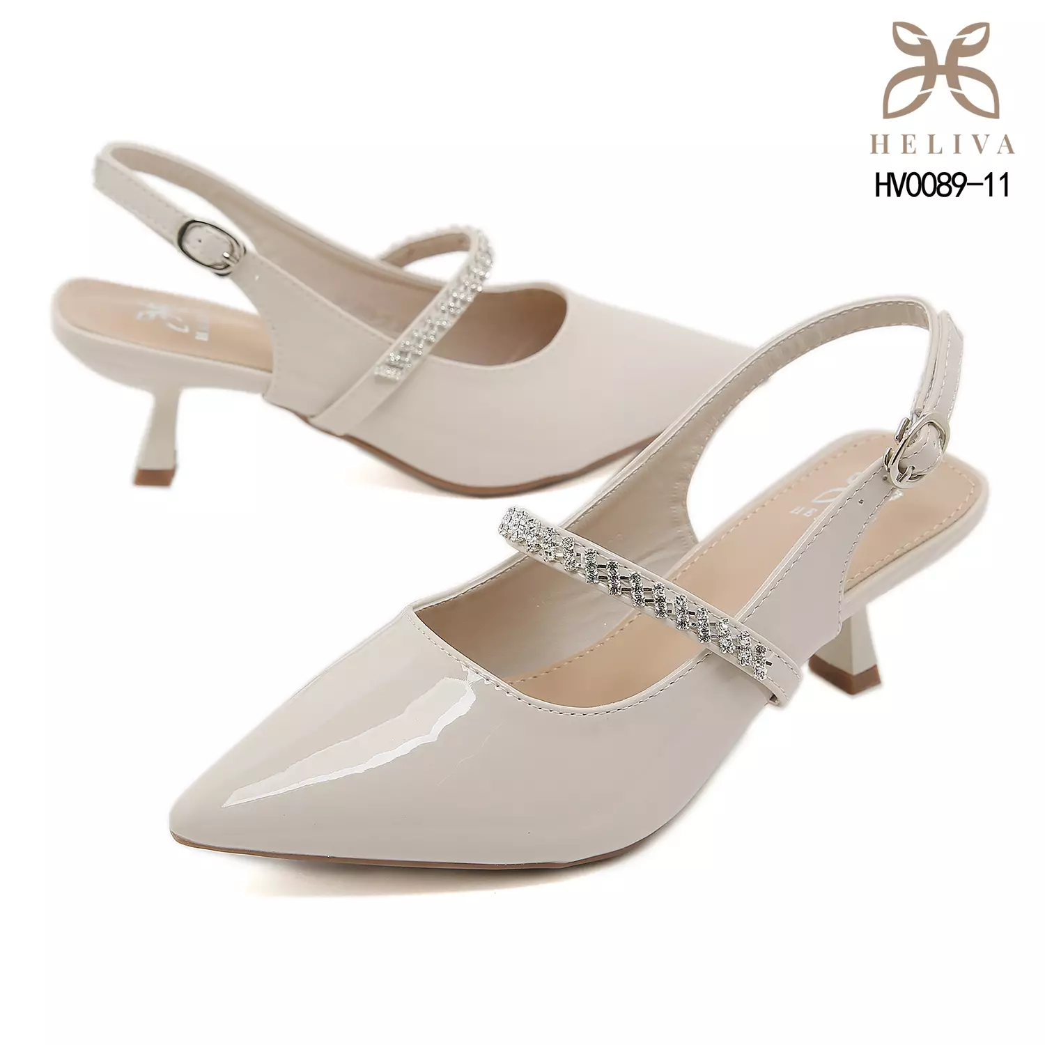 HELIVA AILEEN Glossy Slingback Heels with Crystal Sparkle 5.5cm
