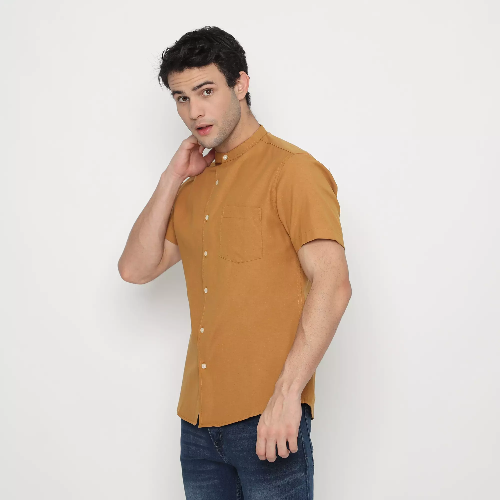 Platini Kemeja Pria Koko Shanghai Lengan Pendek Katun Oxford Kuning Kunyit 21030