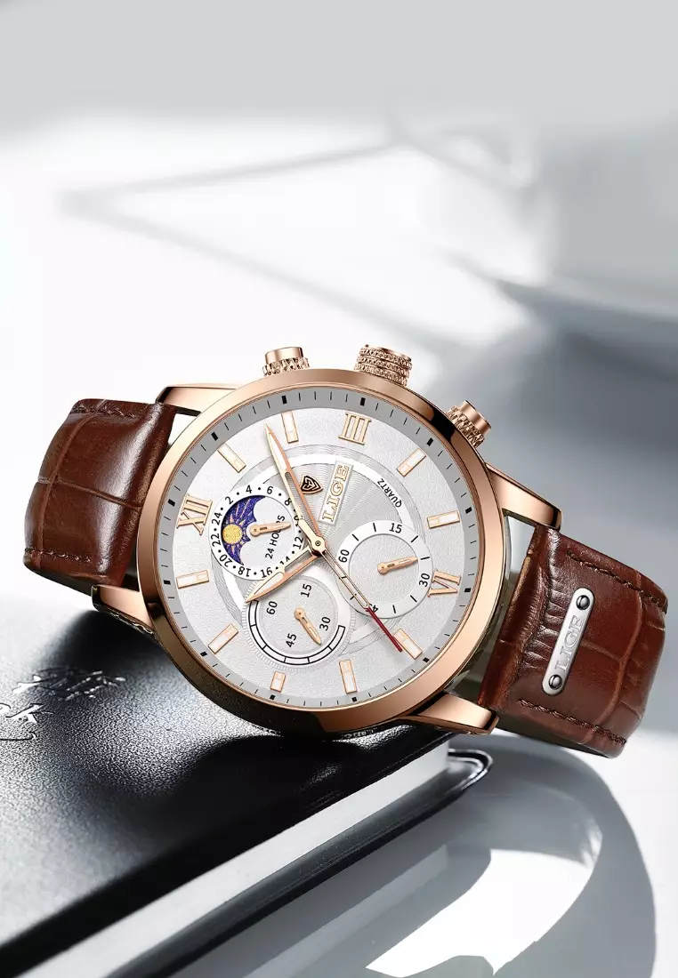 Chronograph, Unisex, IP Rose Gold Stainless Steel Quartz Watch 43mm, white dial, on Brown Leather Strap