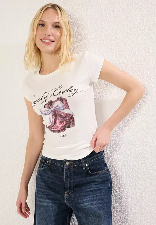 Ecru Cowboy Printed Fitted Knitted T-Shirt