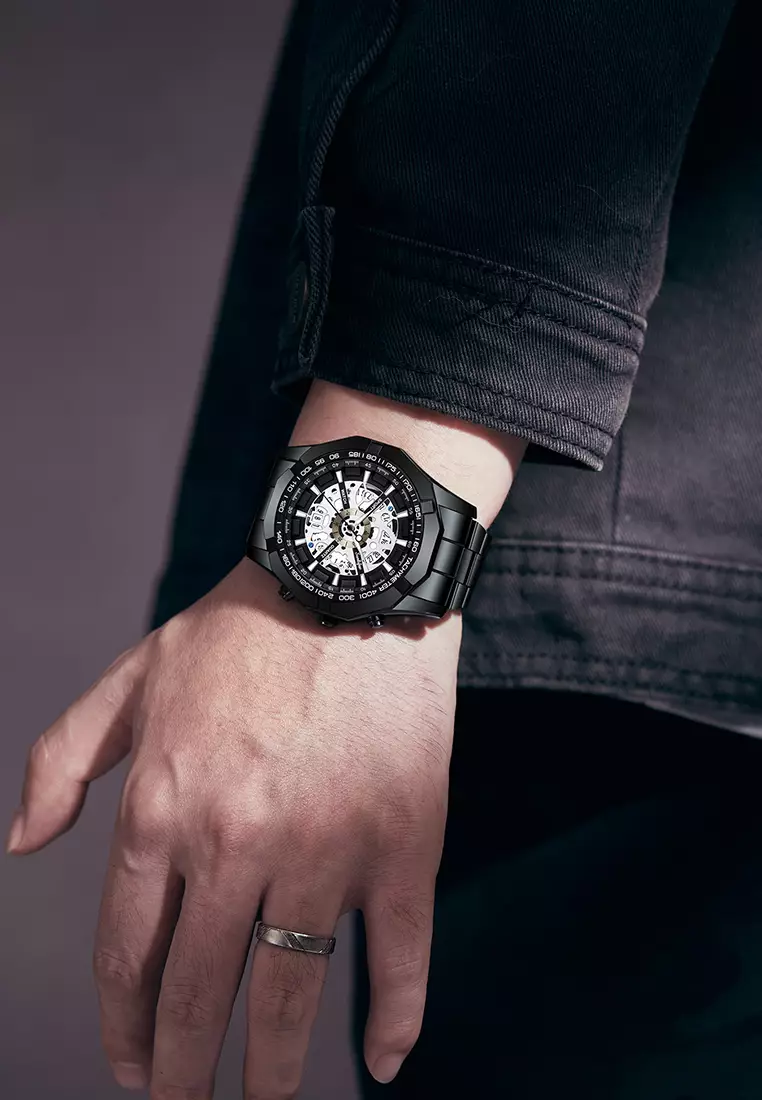 Jam Tangan Pria Original Calendar Luxury Bisnis Tali Stainless Steel Jam Tangan Cowok 9096 allblack