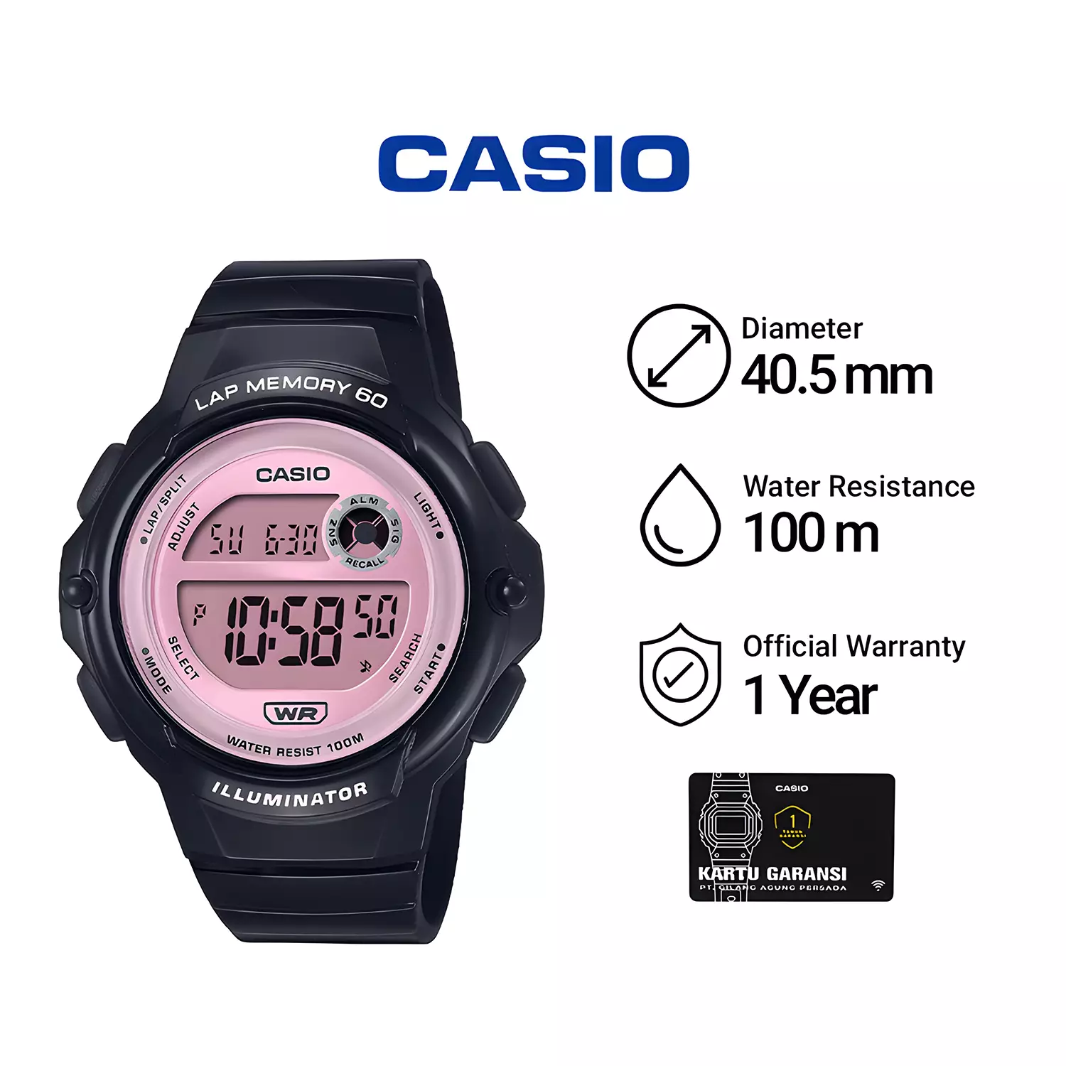 Casio General - Jam Tangan Digital Wanita - Pink Dial - Black Resin Case & Band - LWS-1200H-1A2V