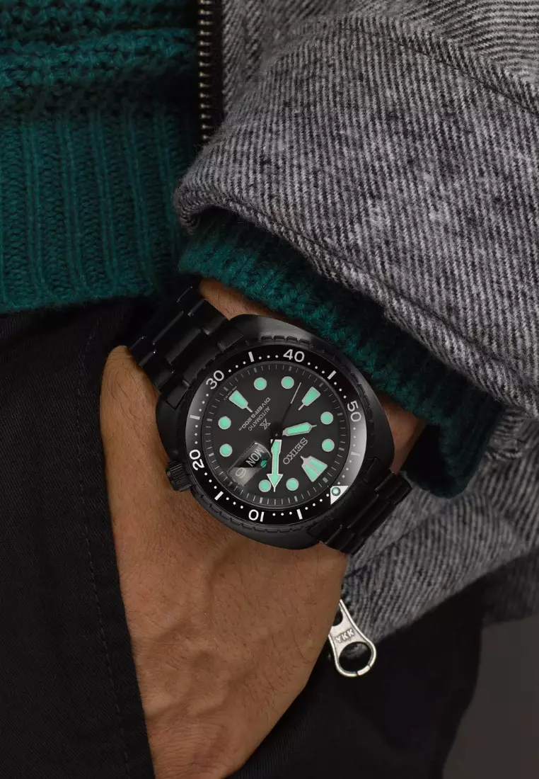 Seiko Prospex The Black Series ‘Night Vision’ Turtle Diver Black Stainless Steel Band Automatic Watch SRPK43K1