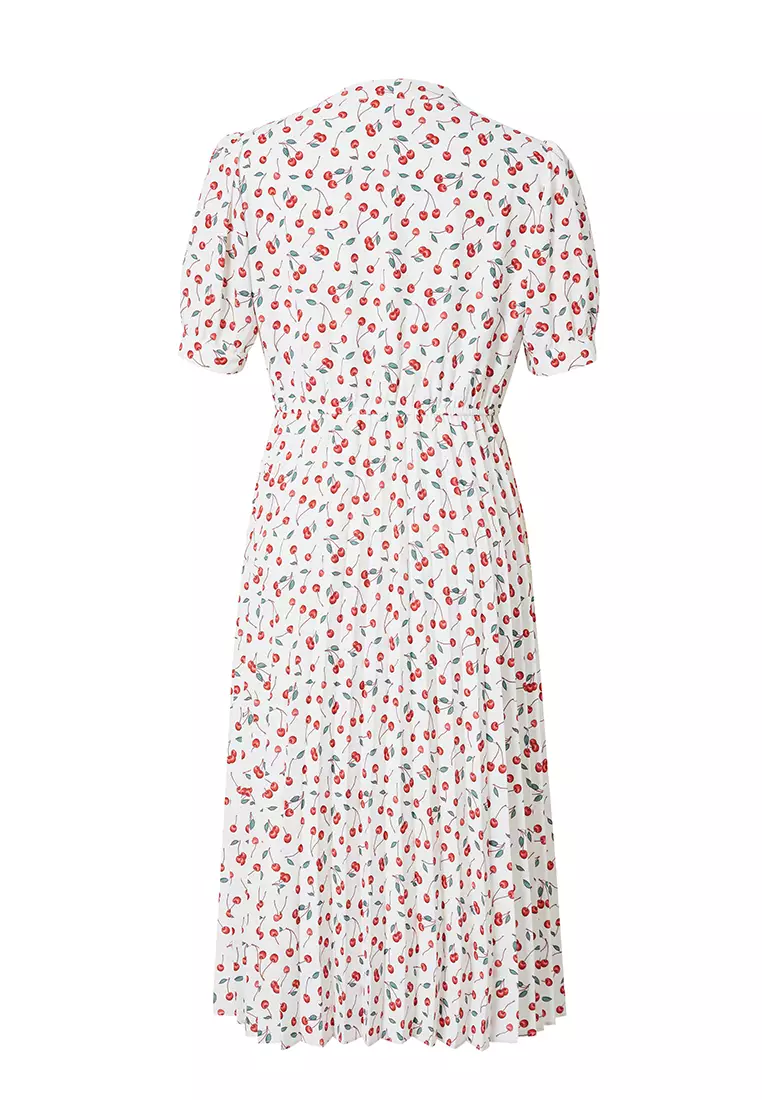 Ribbon Neck Tie Dress with Cherry Print