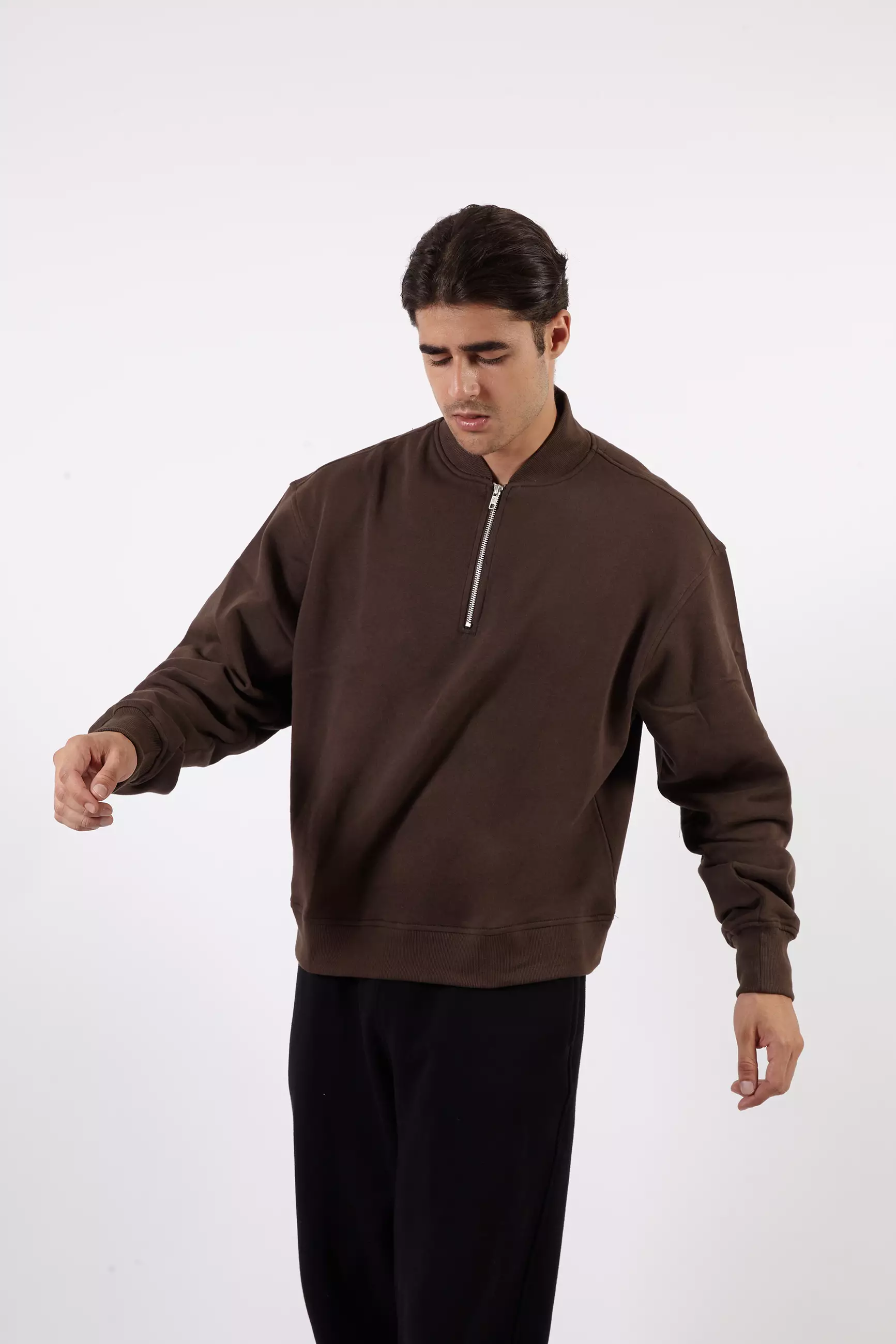 VEDECI SIGMA HALF ZIP BROWN OVERSIZED PULLOVER CROP SWEATER